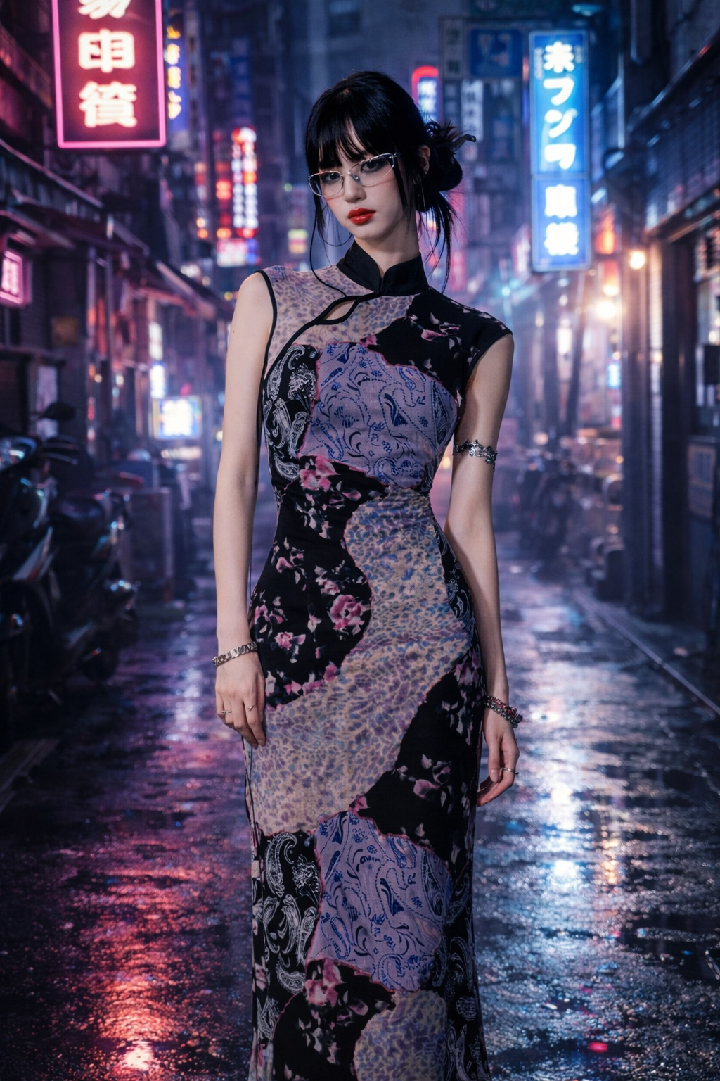 Patchwork Cheongsam Maxi Dress – Y2K Gothic Chinese Style, Tokyo Streetwear Asian Inspired Evening Gown