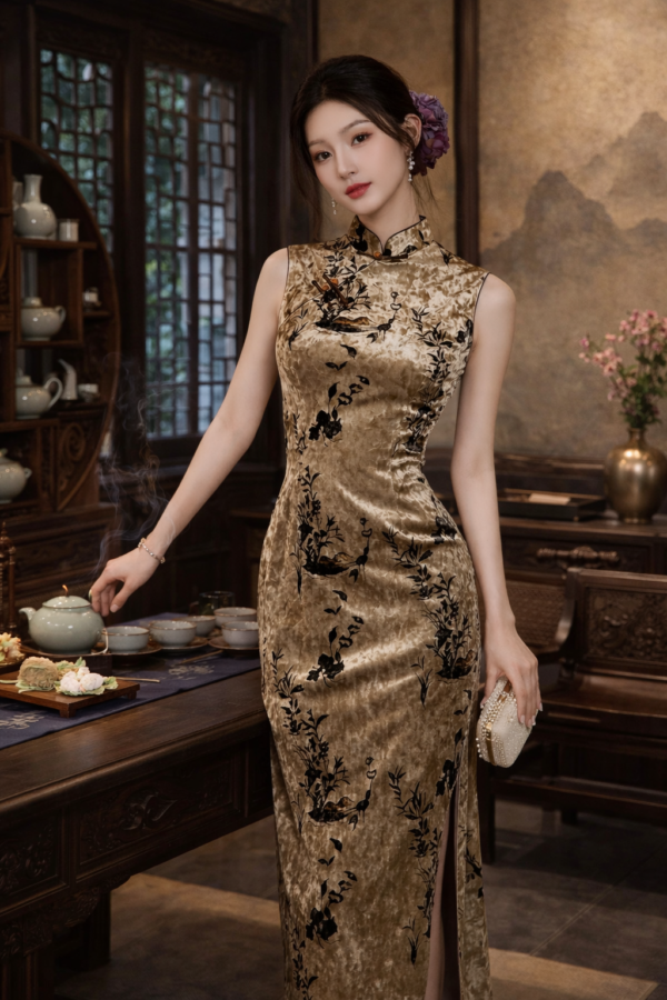 DeerHui Secret · Golden Bamboo Velvet Qipao Dress