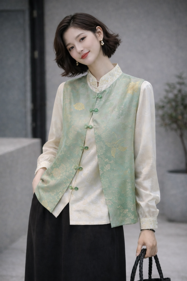 Jade Whisper Brocade Vest – Modern Neo Chinese Floral Silk Jacket for Women
