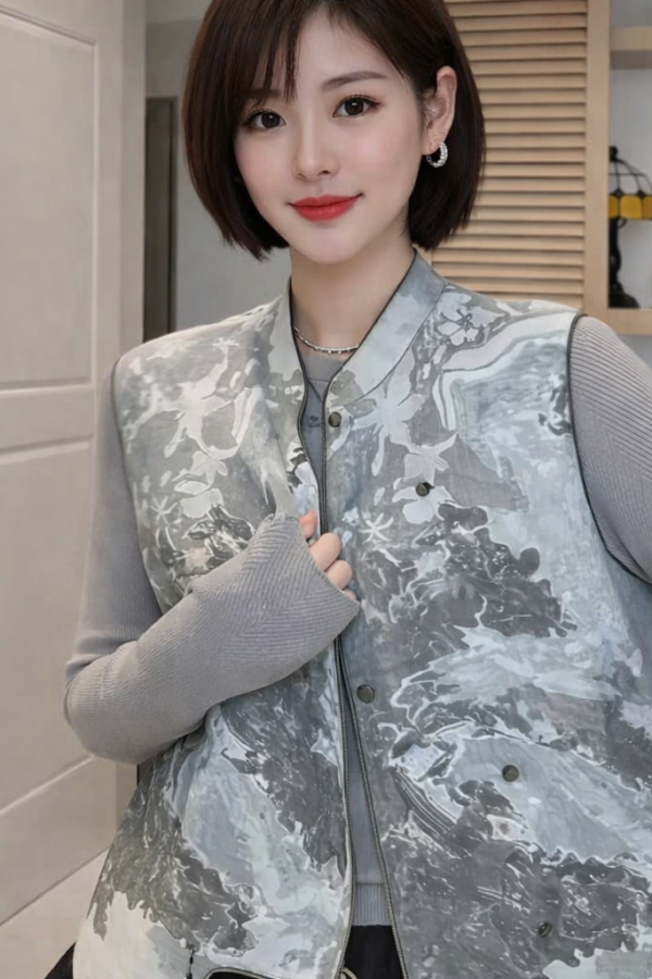 Ink Wash Harmony Vest – Modern Chinese Watercolor Jacquard Jacket