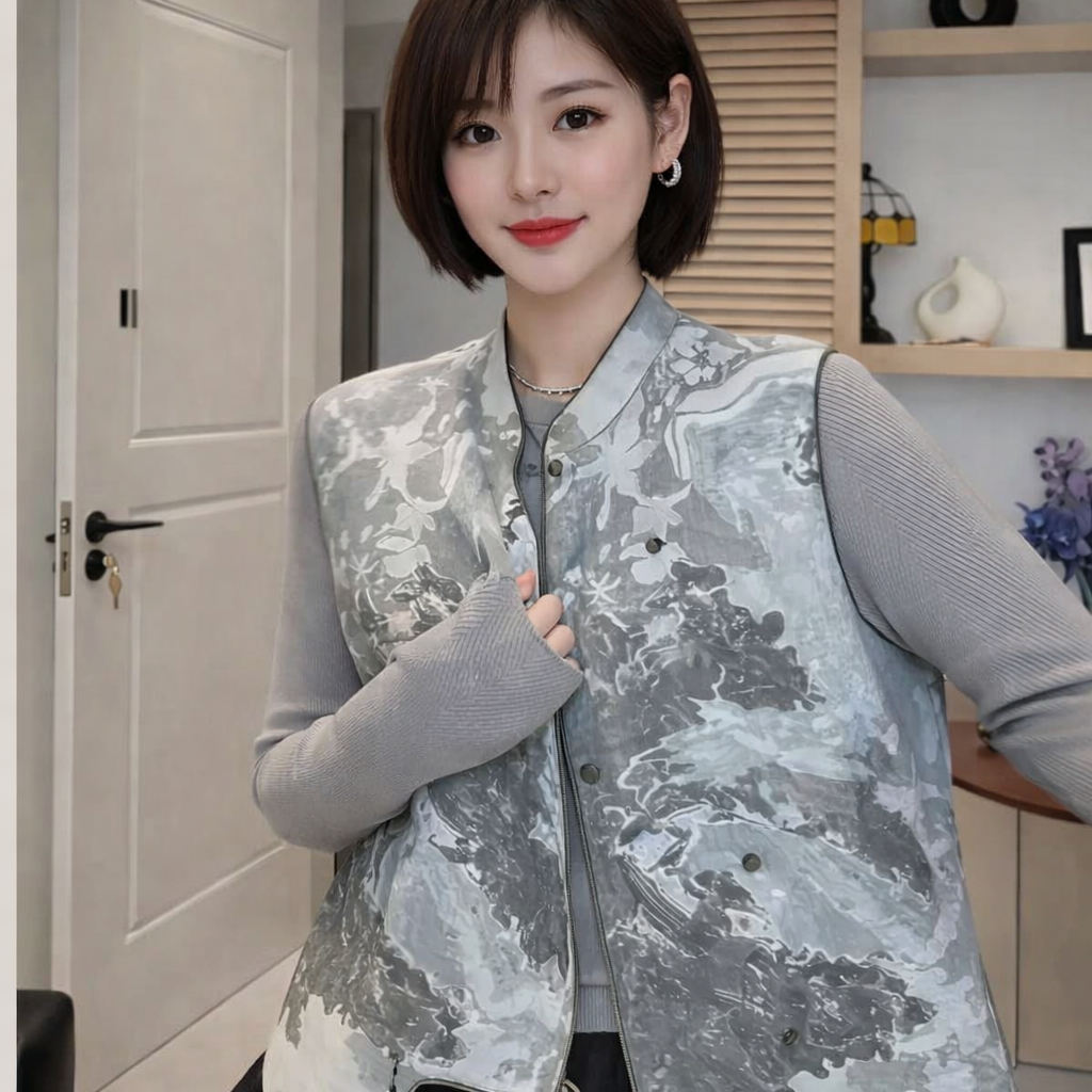 Ink Wash Harmony Vest – Modern Chinese Watercolor Jacquard Jacket