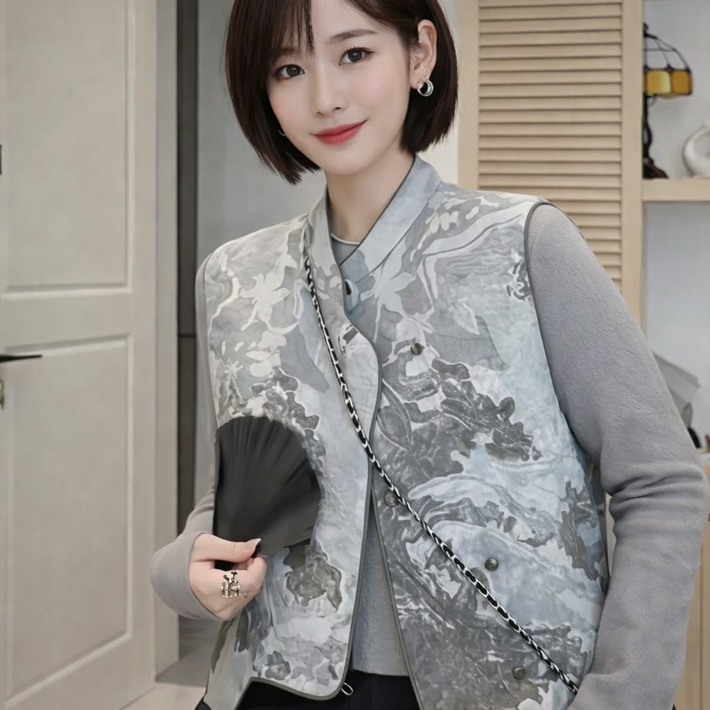 Ink Wash Harmony Vest – Modern Chinese Watercolor Jacquard Jacket - Image 3