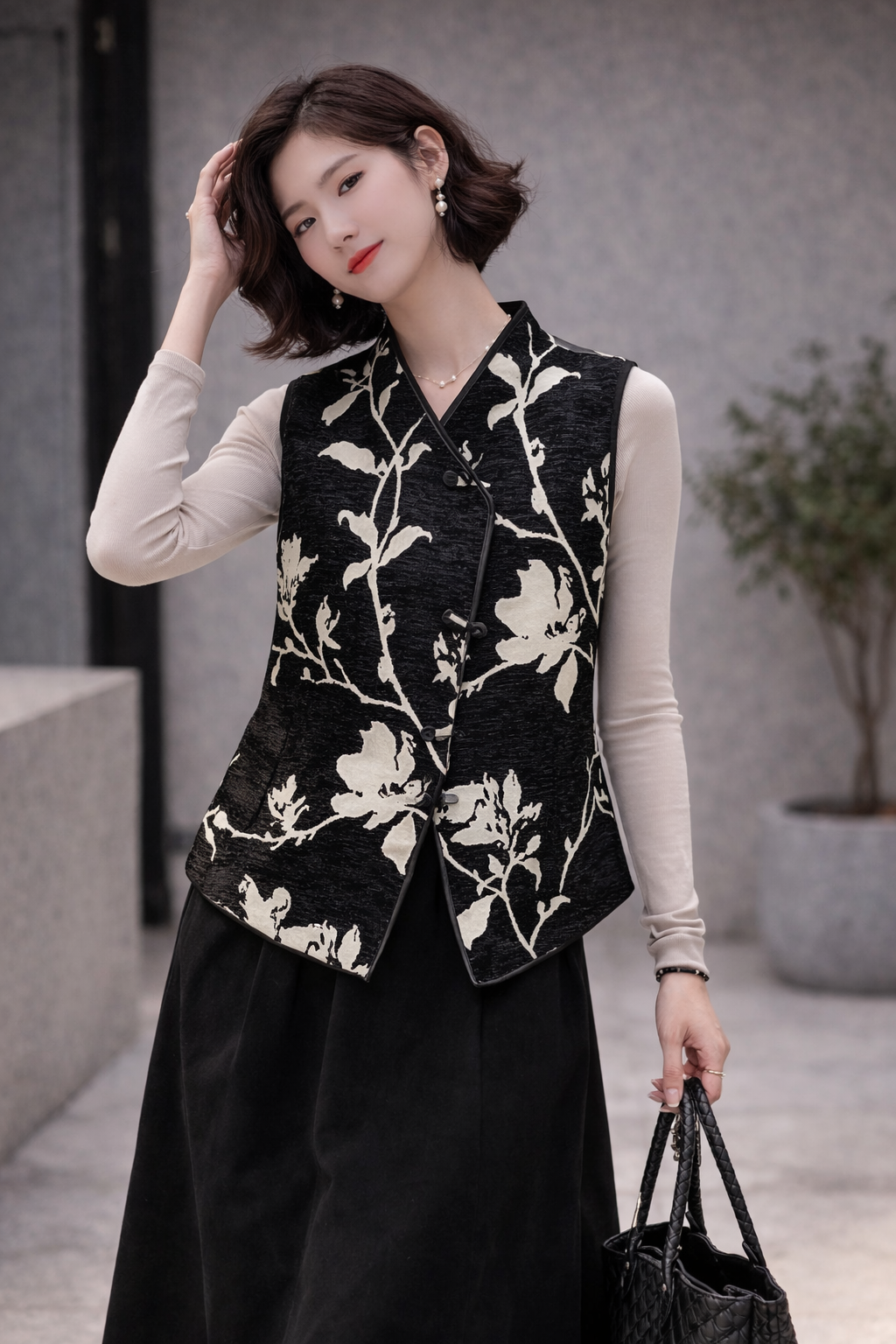 Midnight Magnolia Neo-Chinese Vest – Black Floral Mandarin Tie Waistcoat - Image 4
