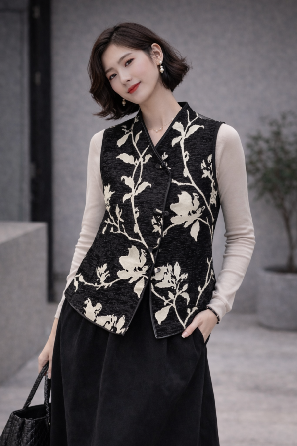 Midnight Magnolia Neo-Chinese Vest – Black Floral Mandarin Tie Waistcoat