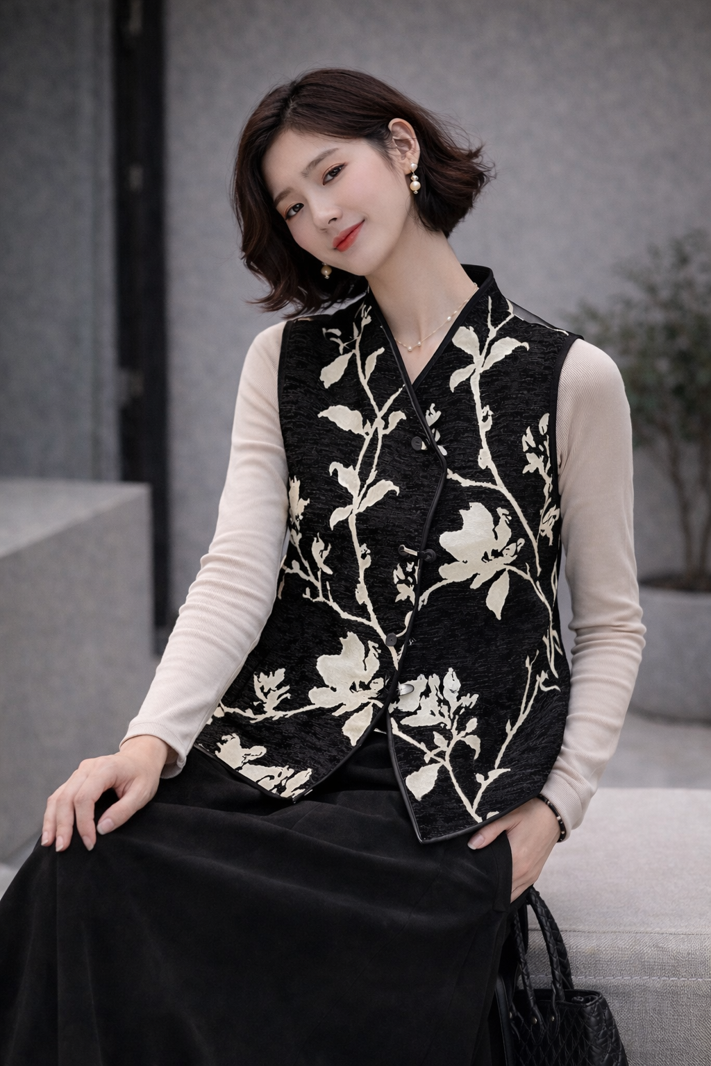 Midnight Magnolia Neo-Chinese Vest – Black Floral Mandarin Tie Waistcoat - Image 3