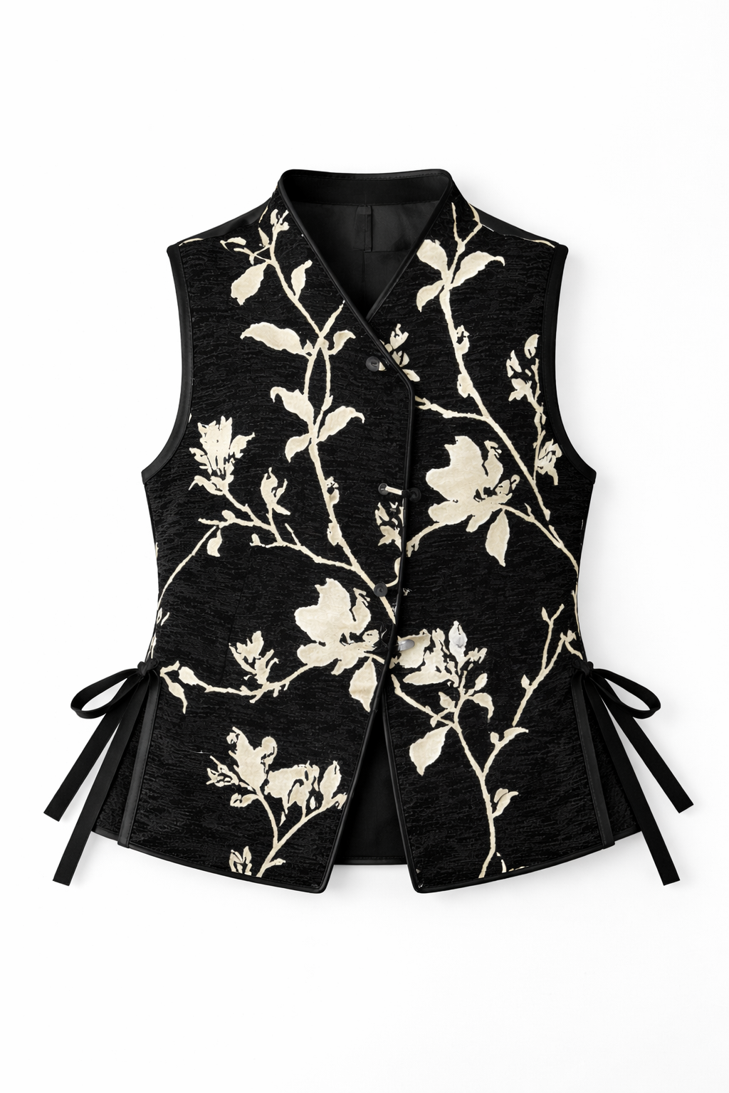 Midnight Magnolia Neo-Chinese Vest – Black Floral Mandarin Tie Waistcoat - Image 5